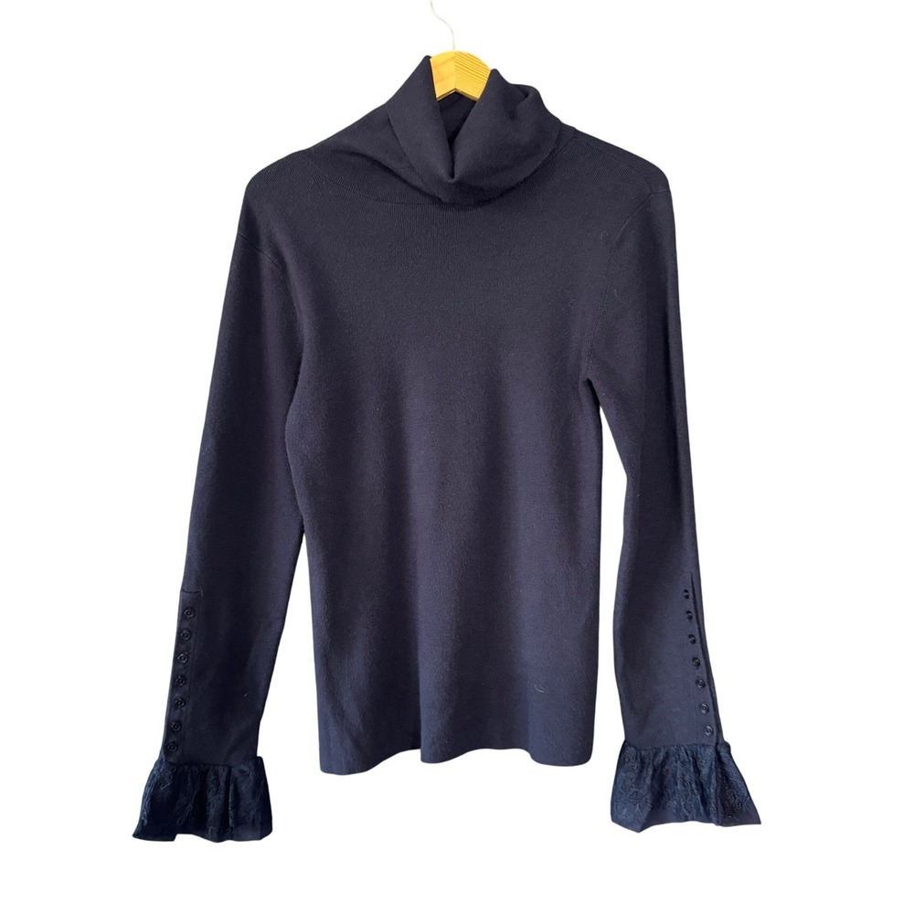 Soft Surroundings Sweater Women M‎ Blue Turtleneck Lace Cuff Whimsigoth Regency